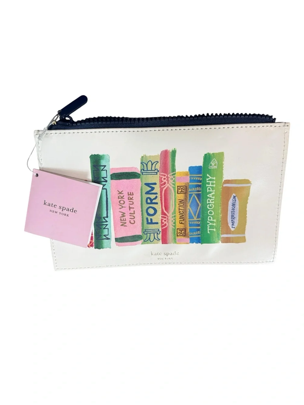 kate spade White Book-Spine Print Zip Pouch with Multicolor Accents